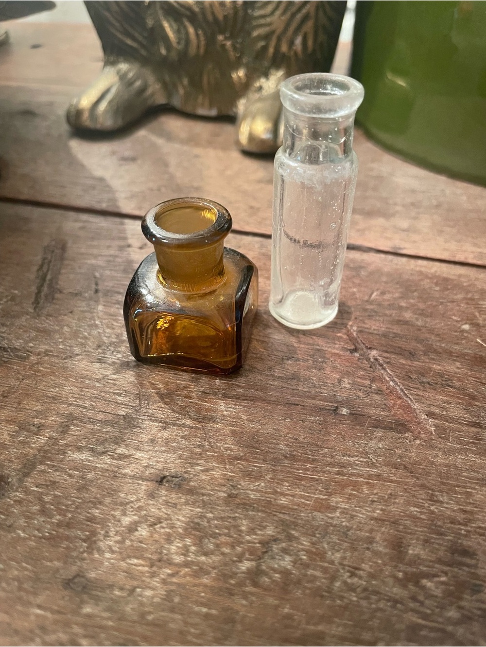 2 Antique Miniature Glass Medicine Amber Bottles - Brown Square & Clear Cylinder